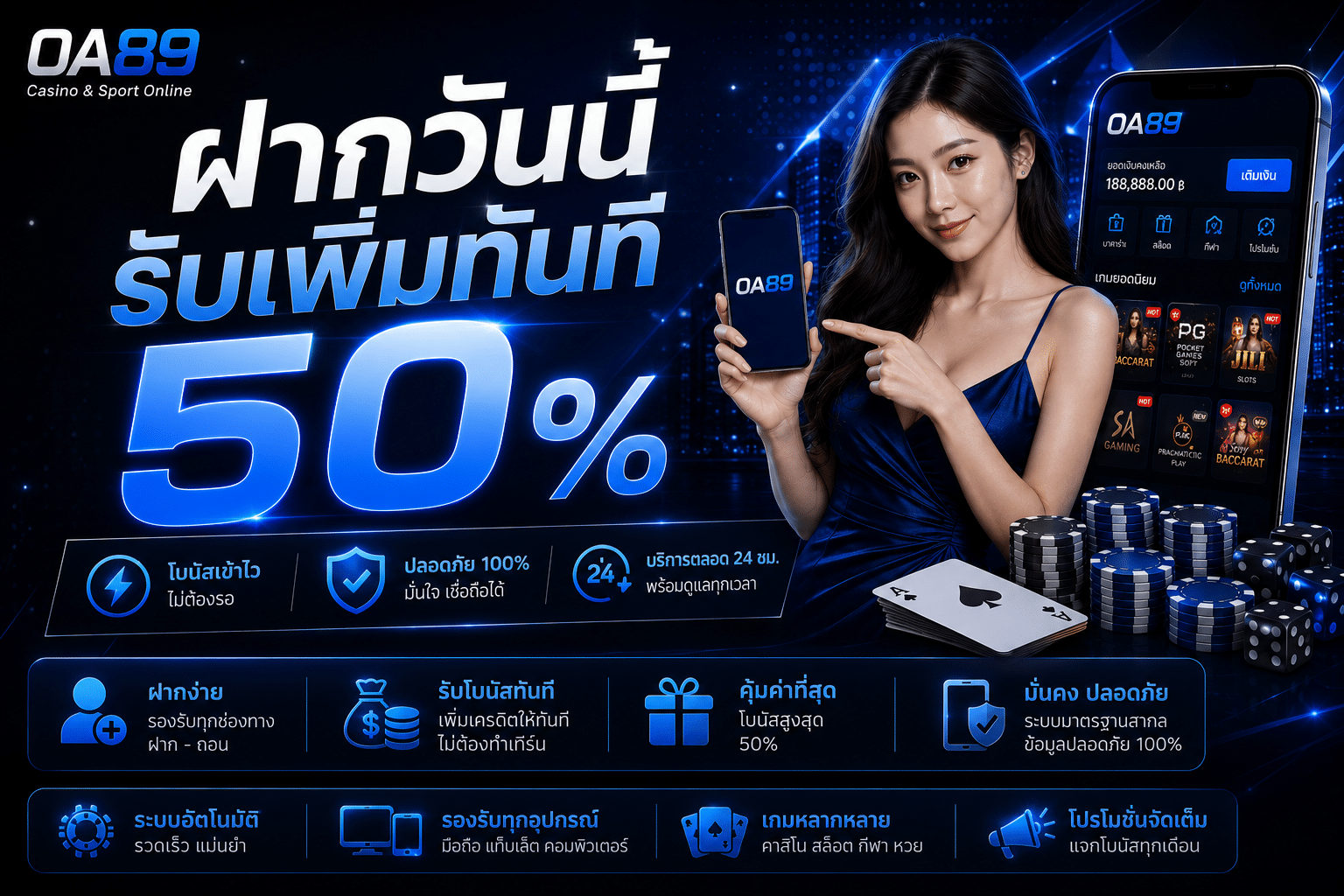 ฝากวันนี้รับเพิ่มทันที่ 50 %